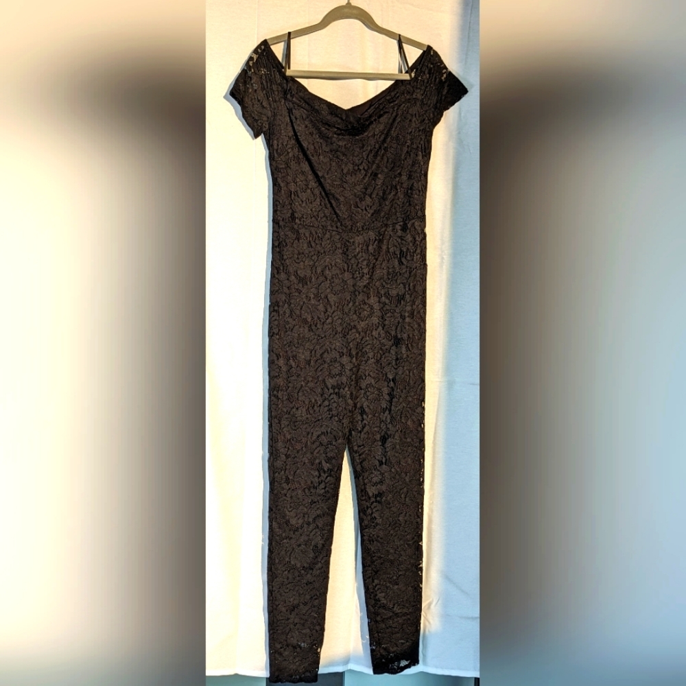 Bebe off the shoulder lace jumpsuit